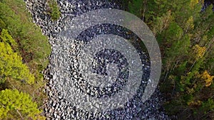 Taganay National Park in Russia in Autumn. Aerial View of `Big Stone River`, Biggest Deposit Occurrence of Aventurine