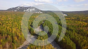 Taganay National Park in Russia in Autumn. Aerial View of `Big Stone River`, Biggest Deposit Occurrence of Aventurine