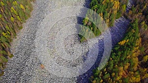 Taganay National Park in Russia in Autumn. Aerial View of `Big Stone River`, Biggest Deposit Occurrence of Aventurine