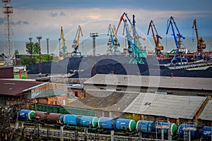 Cargo seaport with coal dumps in Taganrog city photo