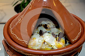 Tagine eggs and meat. Tagine of the Maghreb. Amazigh food