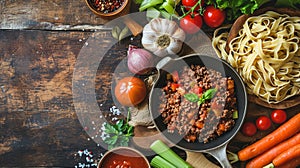 Tagliatelle al RagÃ¹ alla Bolognese Ingredients on Aged Wood photo