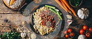 Tagliatelle al RagÃ¹ alla Bolognese Ingredients on Aged Wood photo