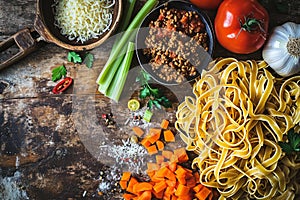 Tagliatelle al Ragù alla Bolognese Ingredients on Aged Wood