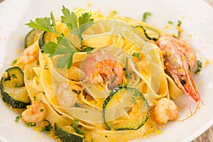 Tagliatelle with bottarga, shrimps and zucchini