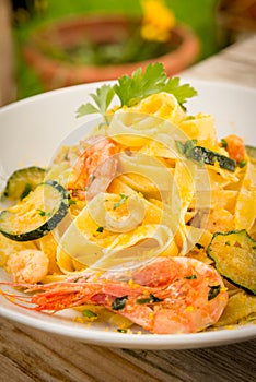 Tagliatelle with bottarga, shrimps and zucchini