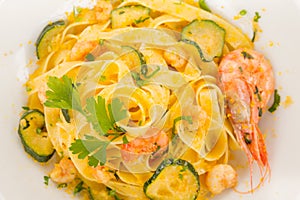 Tagliatelle with bottarga, shrimps and zucchini
