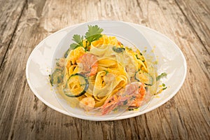 Tagliatelle with bottarga, shrimps and zucchini