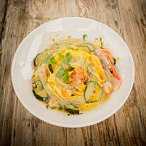 Tagliatelle with bottarga, shrimps and zucchini