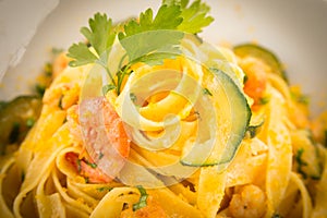 Tagliatelle with bottarga, shrimps and zucchini