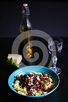 Tagliatelle with fried chicken livers, red pepper and parmesan