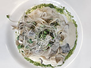 Tagliatelle Italian pasta with forest mushroom, vegetables and pesto sauce.  Flat lay.  Top view