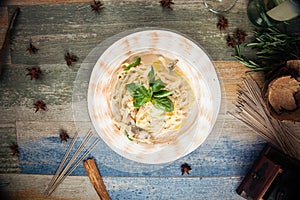 Tagliatelle mushrooms creamy sauce with parmesan photo