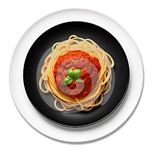 Tagliatelle (noodles) with tomato sauce and basil isolated on white background with clipping paths