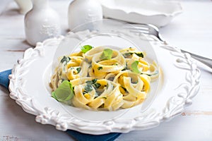 Tagliatelle Pasta with Blue Cheese Sauce and Spina