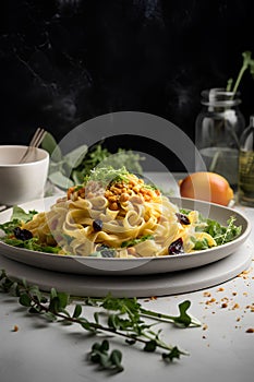 Tagliatelle pasta with bottarga and arugula. Italian Food