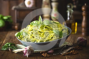 Tagliatelle pasta with pesto sauce