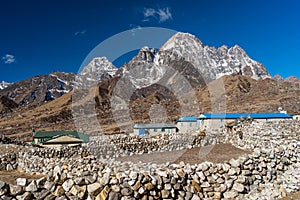 Tagnag village first village after crossing Chola pass in Everest base camp trekking route. Himalaya mountains range in Nepal