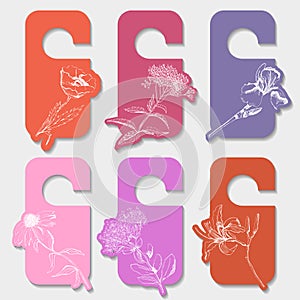 Tags with hand drawn grapihic sketch with summer flowers sedum, papaver, echinacea, hemerocallis, iris, eupatorium