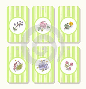 Tags, labels, flowers, plants, berries, striped, green.