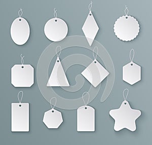 Tags labels. White paper empty price tag with string in different shapes. Mockups for christmas gifts isolated vector