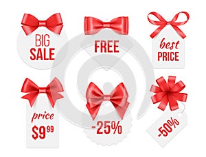 Tags with ribbons. Promo badges with red and golden satin silk bows advertizing template for big celebration sales