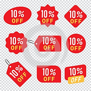 Tags set with 10 percentage discount offer. Vector promotion red labels