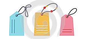 Tags vector icon set. Colorful paper labels with ribbon, rope, beads. Blank templates for gifts, sale products, marketing.