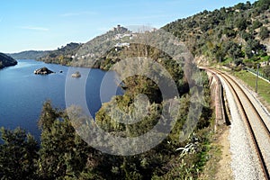 Tagus River, with the railway on the right bank, near Belver, Portugal