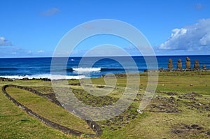 Moais at Ahu Tahai ceremonial complex near Hanga Roa, Rapa Nui Easter Island