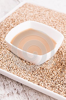 Tahini, sesame paste. healthy food and drink