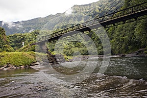 Tahiti. The bridge through the river in mountains.