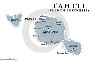 Tahiti, French Polynesia, part of Society Islands, gray political map