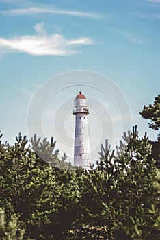 Tahkuna lighthouse surrounded by green conifers on the island of Hiiumaa, Estonia