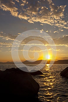 Tahoe Sunset With Sailboat