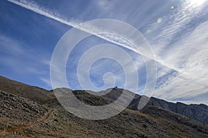 Tahtali mountain top with cable car building. Path to mountain top. Famous Lycian Way, Turkey