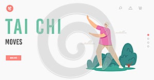 Tai Chi Moves for Elderly People Landing Page Template. Senior Female Character Exercising for Healthy Body Flexibility