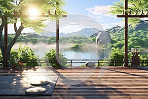 tai chi practice area with serene nature backdrop