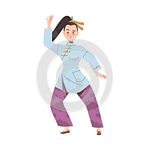 Tai Chi Practice with Woman in Kimono Doing Qigong Exercise as Internal Chinese Martial Art Vector Illustration
