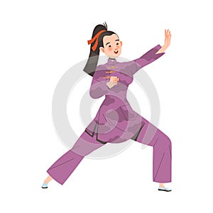 Tai Chi Practice with Woman in Kimono Doing Qigong Exercise as Internal Chinese Martial Art Vector Illustration