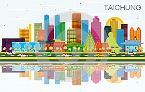 Taichung Taiwan City Skyline with Color Buildings, Blue Sky and Reflections