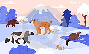 Taiga wild animals on winter nature landscape with mountain and river vector illustration, cartoon Northern animals