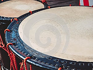 Taiko drums o-kedo on scene background. Musical instrument of Asia