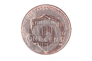 Tail of a 1 cent american coin on white background