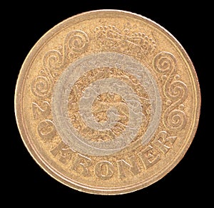 Tail of 20 kroner coin, issued by Denmark in 1991 depicting the national coat of arms