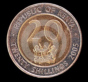 Tail of a 20 shilling coin, issued by Kenya in 2005