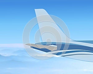 The tail of the airplane such as vertical stabilizer, horizontal stabilizer, and empennage. Blue tone color fuselage patterns. photo