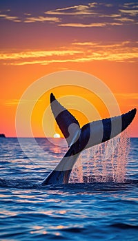 Tail of a Blue Whale At Sunset Golden Hour Background