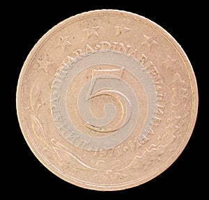 Tail of 5 dinar coin, issued by Yugoslavia in 1971 photo