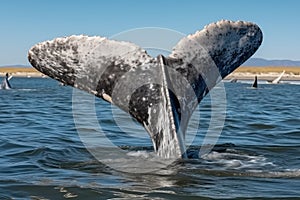 Tail of a gray whale on sea (Eschrichtius robustus) whale fluke